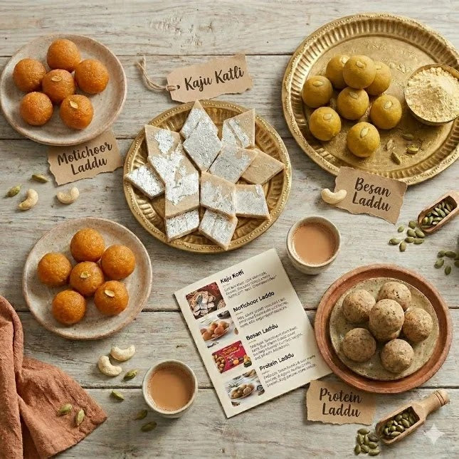 Sugar-free bestseller mithai box by Artinci — Kaju Katli, Motichoor Ladoo, Besan Laddu, and Protein Laddu arranged on a wooden table