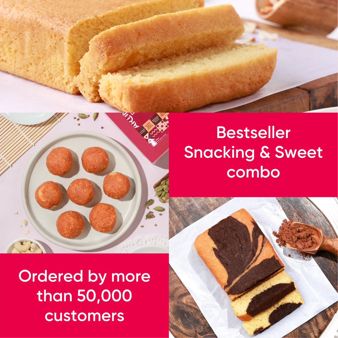 Collage of snacks including bread, cookies, and a cake with text about a bestseller combo.