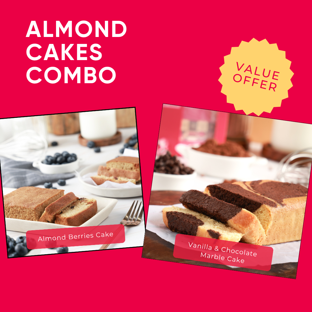 Promotional image of almond cakes combo with two cake slices on a red background.