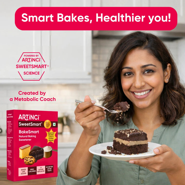 Woman holding a slice of chocolate cake with an Artinci SweetSmart product in the foreground.