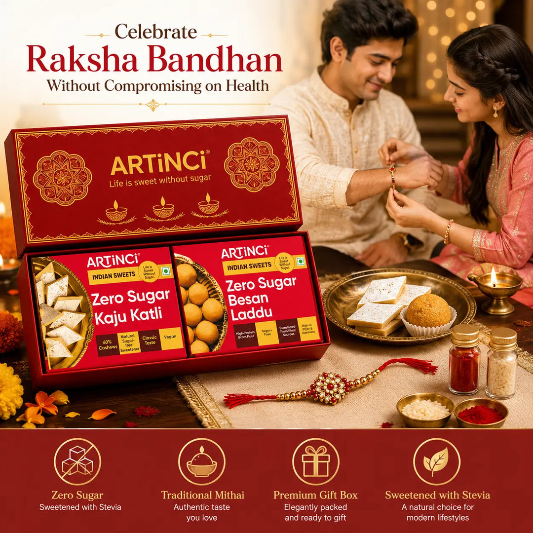 ArtINCI Raksha Bandhan zero sugar mithai gift box set, featuring traditional Indian sweets like Kaju Katli and Besan Laddu, shown in an open red gift box with a couple receiving blessings in a warm, festive setting.