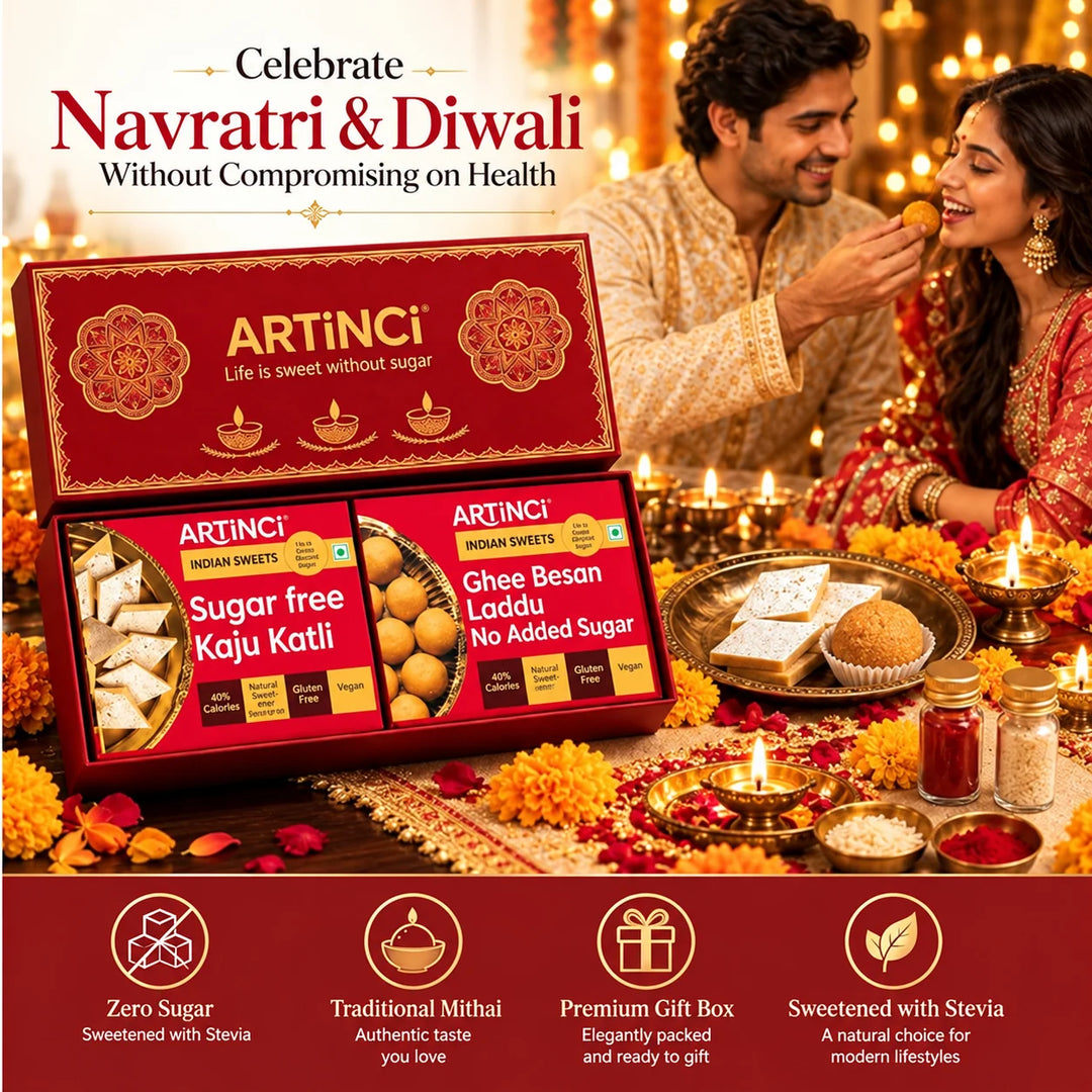 Sugar Free Diwali Sweets Gift Box – Mithai Duo with Kaju Katli, Motichoor or Besan Laddu