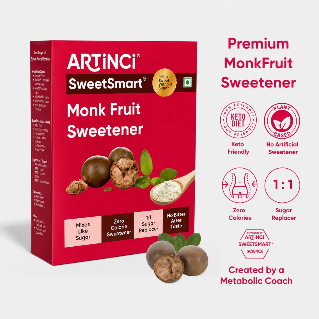 ARTiNCi SweetSmart Monk Fruit Sweetener box in red packaging, shown alongside product feature icons and text on a light gray background.