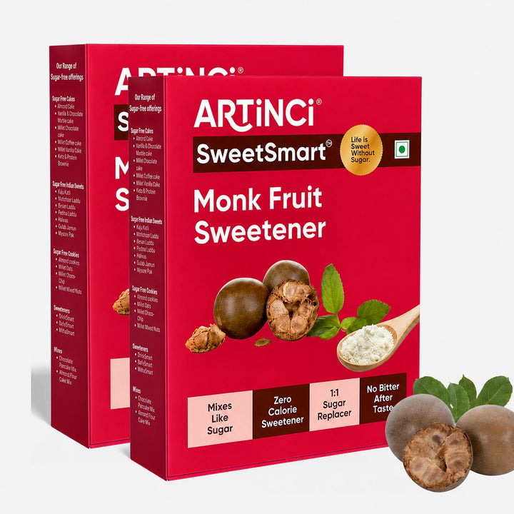 Two red boxes of ArtinCi SweetSmart Monk Fruit Sweetener are shown on a light gray background, with a few whole and sliced monk fruits and green leaves placed in front.