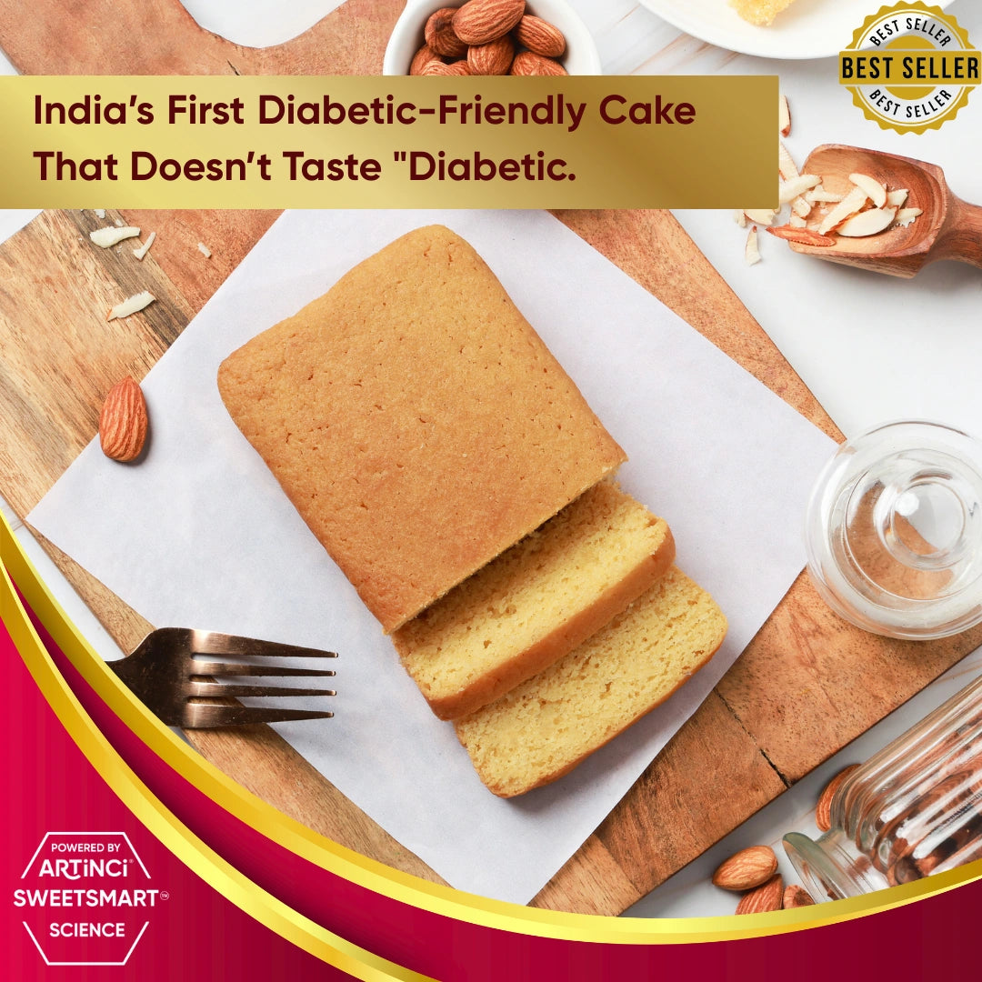 Diabetic-friendly cake on a cutting board with almonds and a fork, labeled as a bestseller.