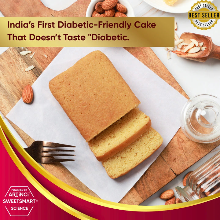 Diabetic-friendly cake on a cutting board with almonds and a fork, labeled as a bestseller.