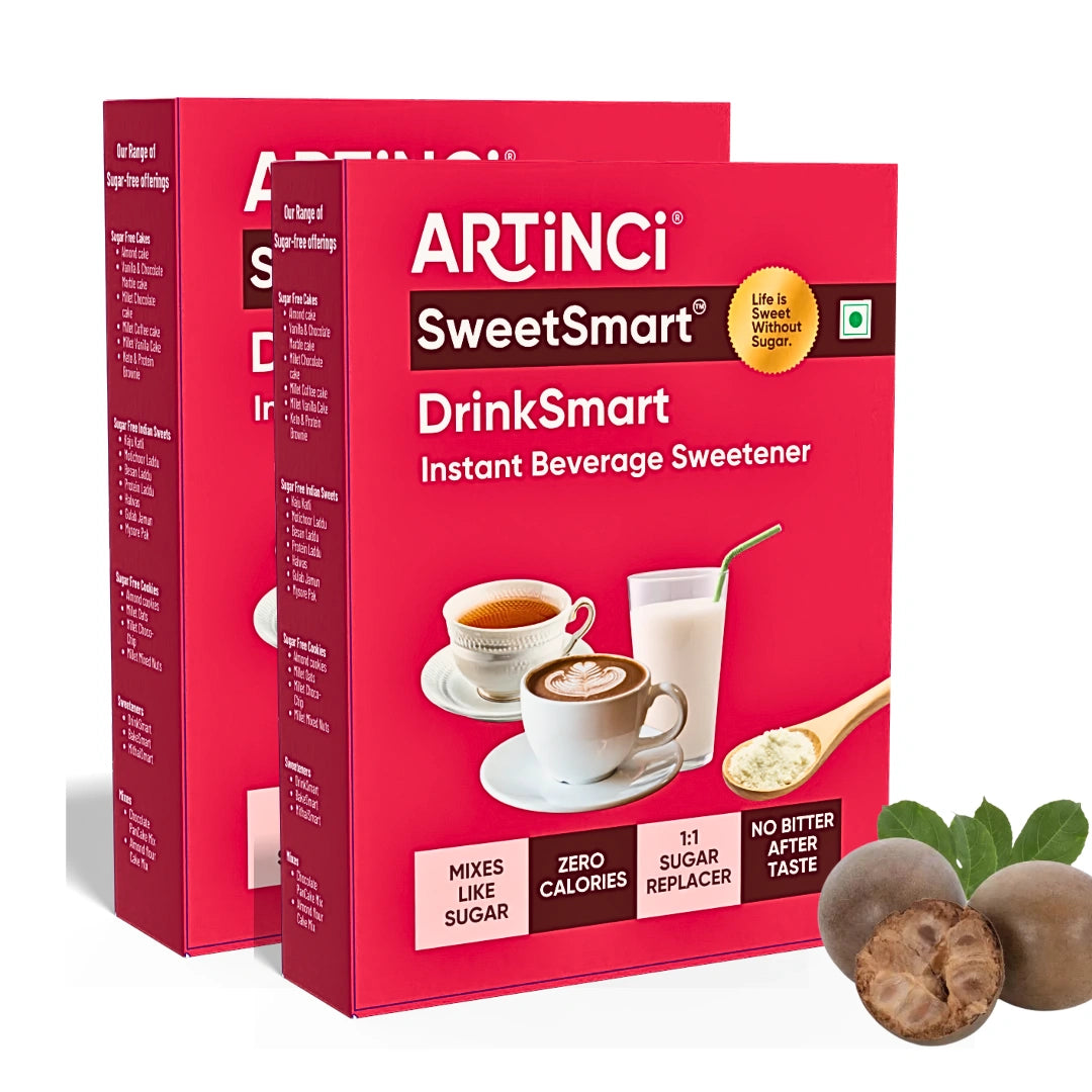 Two boxes of Artinci SweetSmart DrinkSmart instant beverage sweetener on a white background.