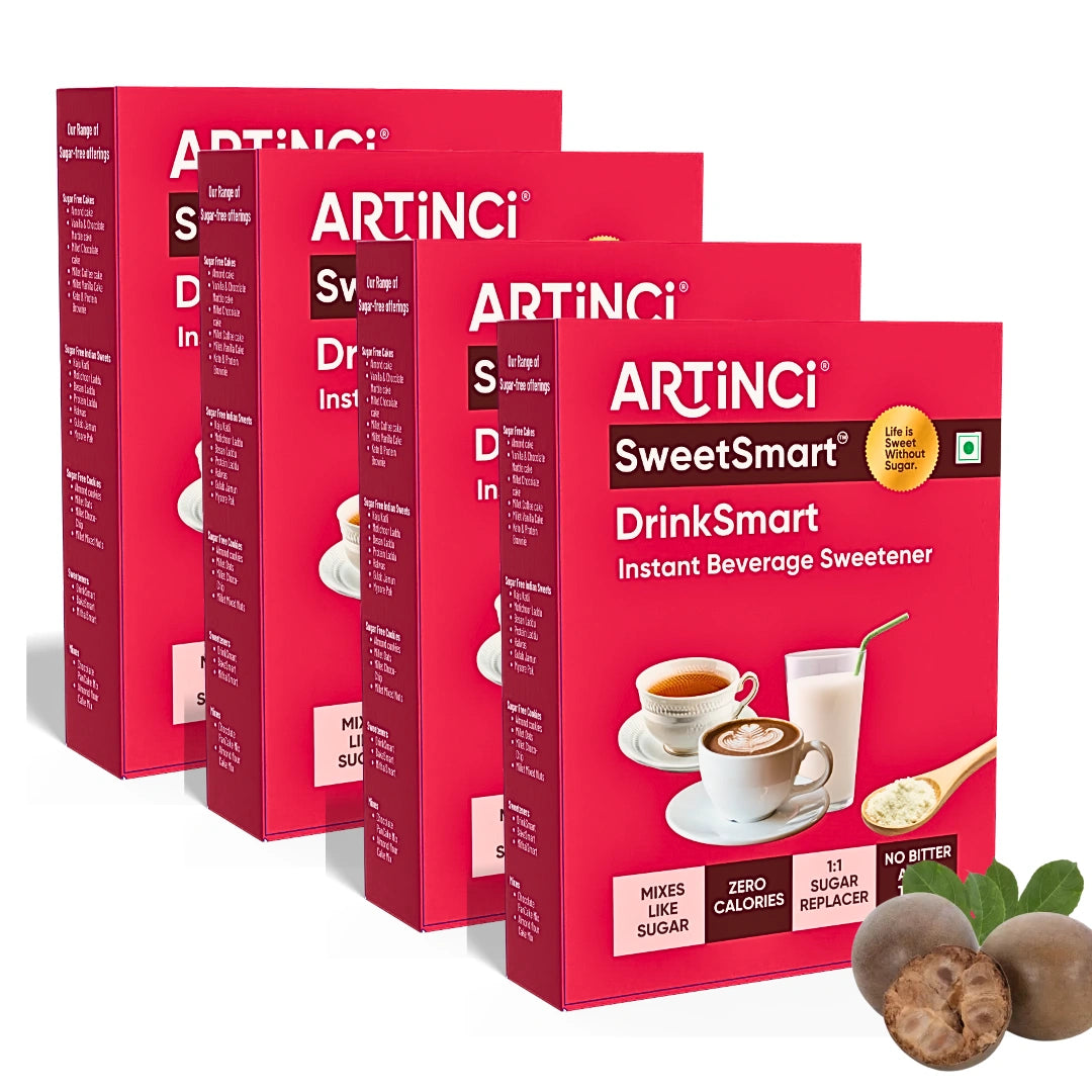 Multiple boxes of Artinci SweetSmart DrinkSmart instant beverage sweetener on a white background.