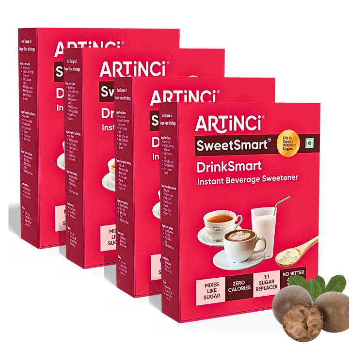 Multiple boxes of Artinci SweetSmart DrinkSmart instant beverage sweetener on a white background.