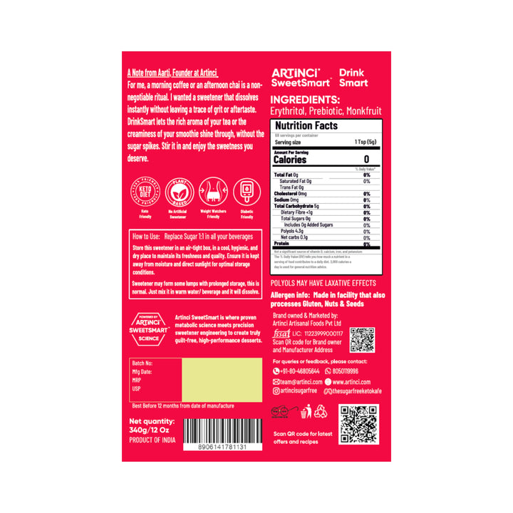 The back of a red Artinci SweetSmart Drink Smart 30g pack, showing the ingredients, nutrition facts, how-to-use instructions, and a barcode on a white background.