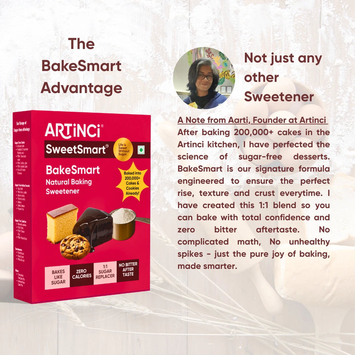Artinci SweetSmart BakeSmart packaging with a note from Aarti, Founder of Artinci, on a light background.
