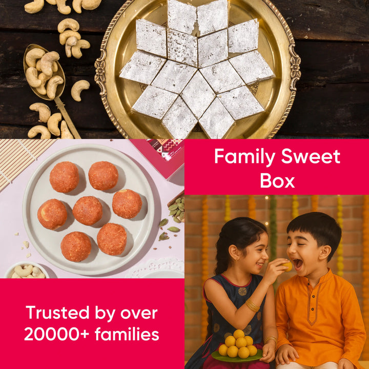 Collage of sweet items and a family enjoying food, with text 'Family Sweet Box' and 'Trusted by over 20000+ families'.