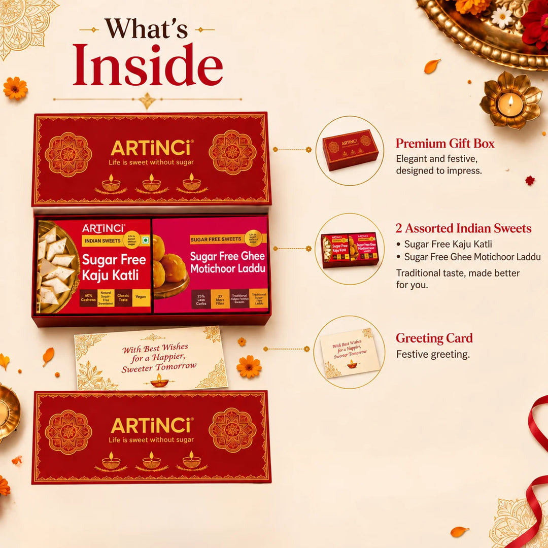 Sugar Free Diwali Sweets Gift Box – Mithai Duo with Kaju Katli, Motichoor or Besan Laddu