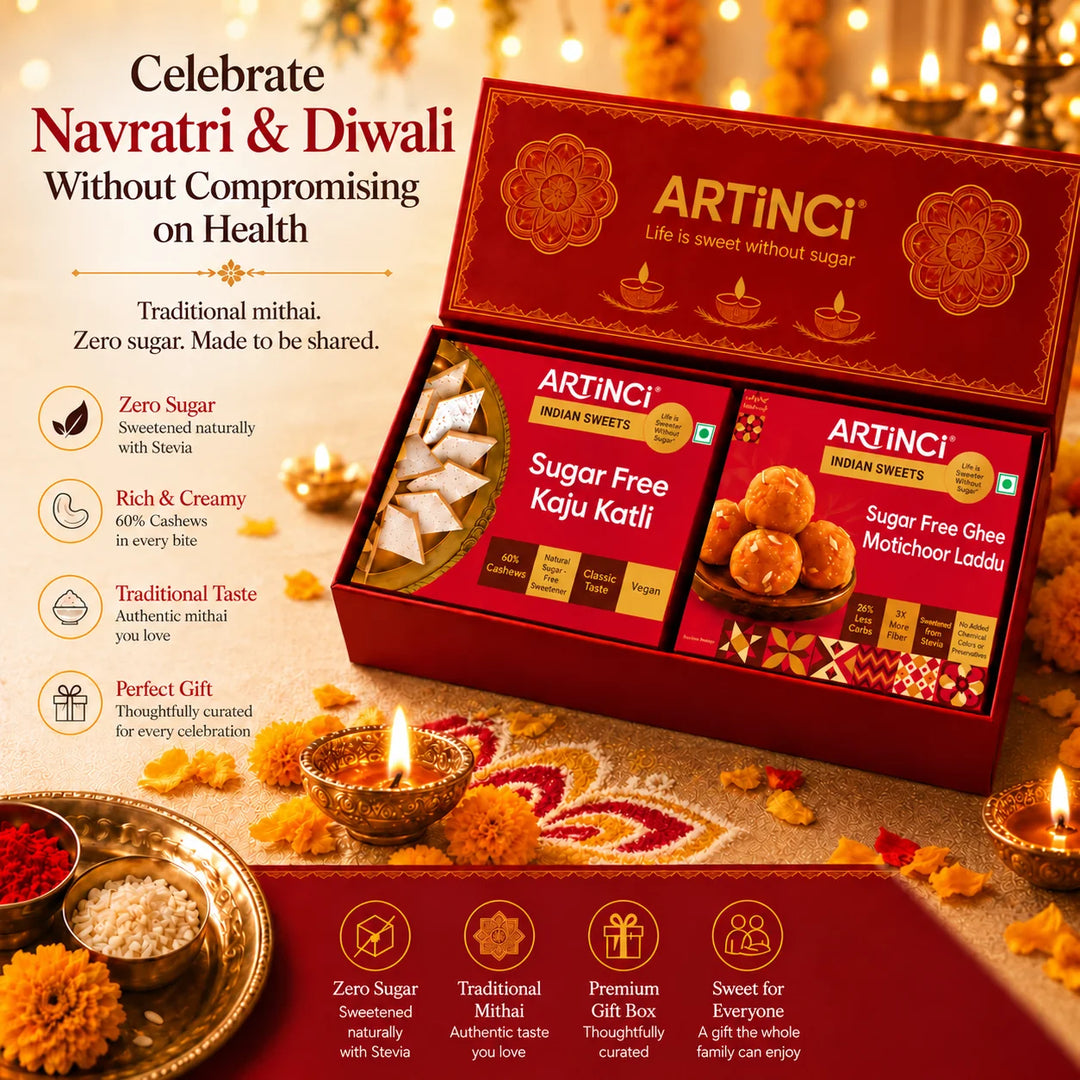 Sugar Free Diwali Sweets Gift Box – Mithai Duo with Kaju Katli, Motichoor or Besan Laddu
