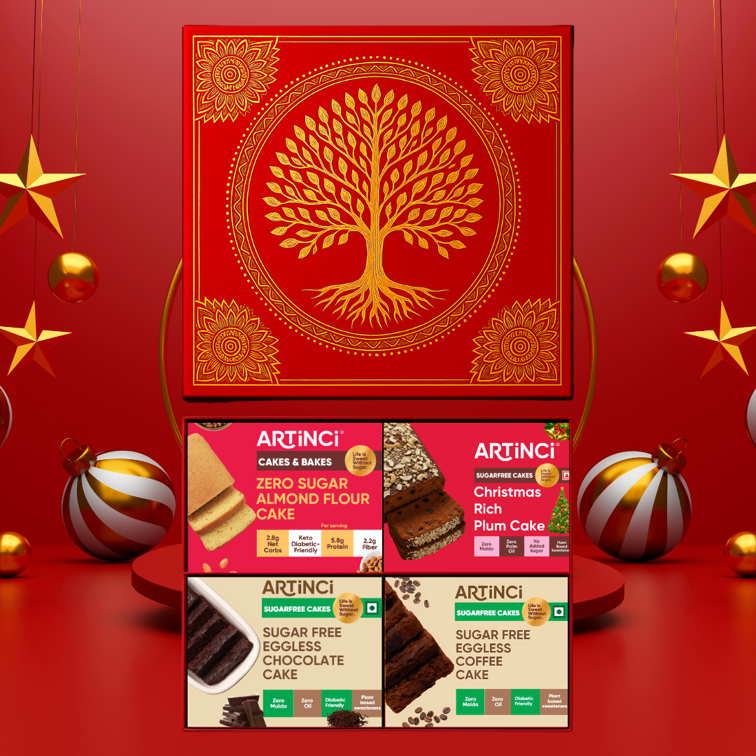 Red box with gold tree design on a red background with Christmas ornaments