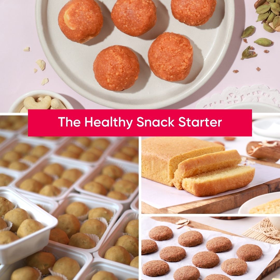 Collage of various healthy snack options with text 'The Healthy Snack Starter'.
