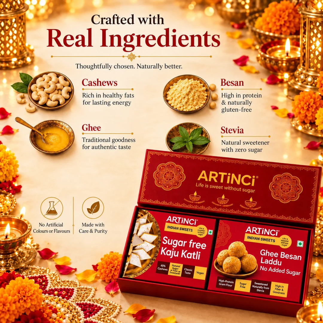 Sugar Free Diwali Sweets Gift Box – Mithai Duo with Kaju Katli, Motichoor or Besan Laddu