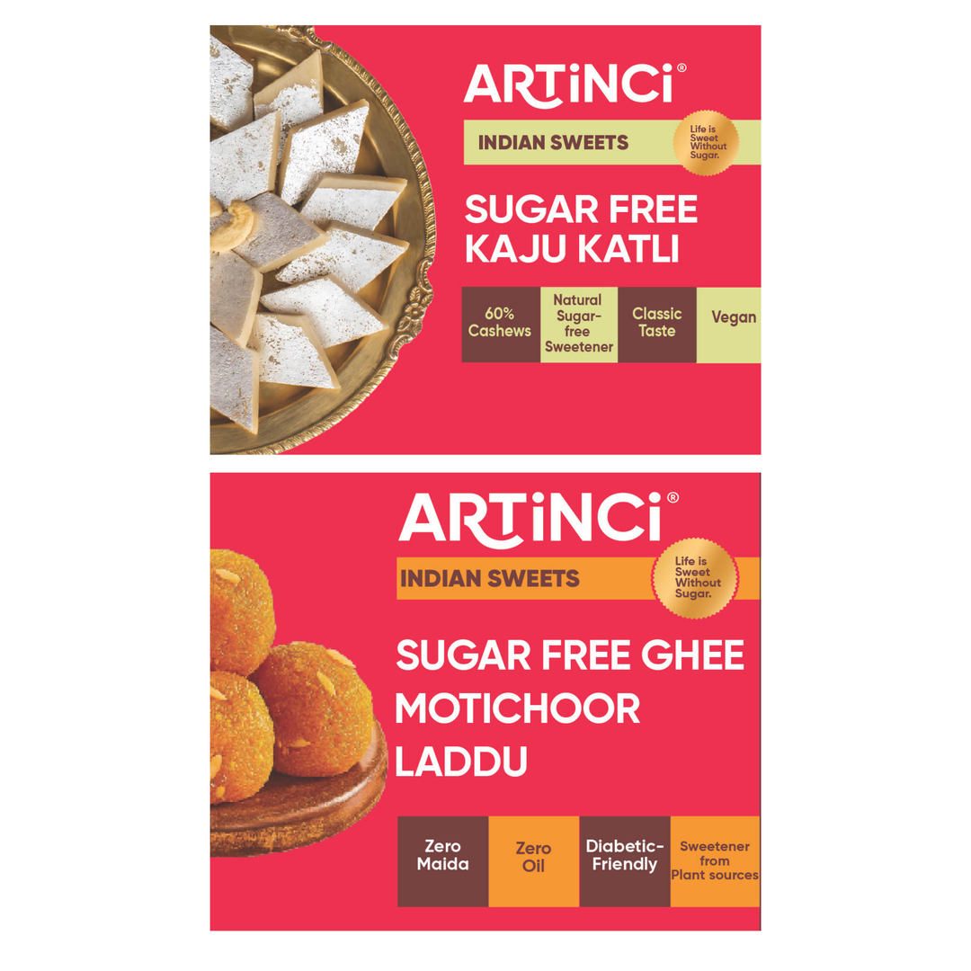 sugar free kaju katli & motichoor laddu combo, haldiram, misstevia, magic leaf