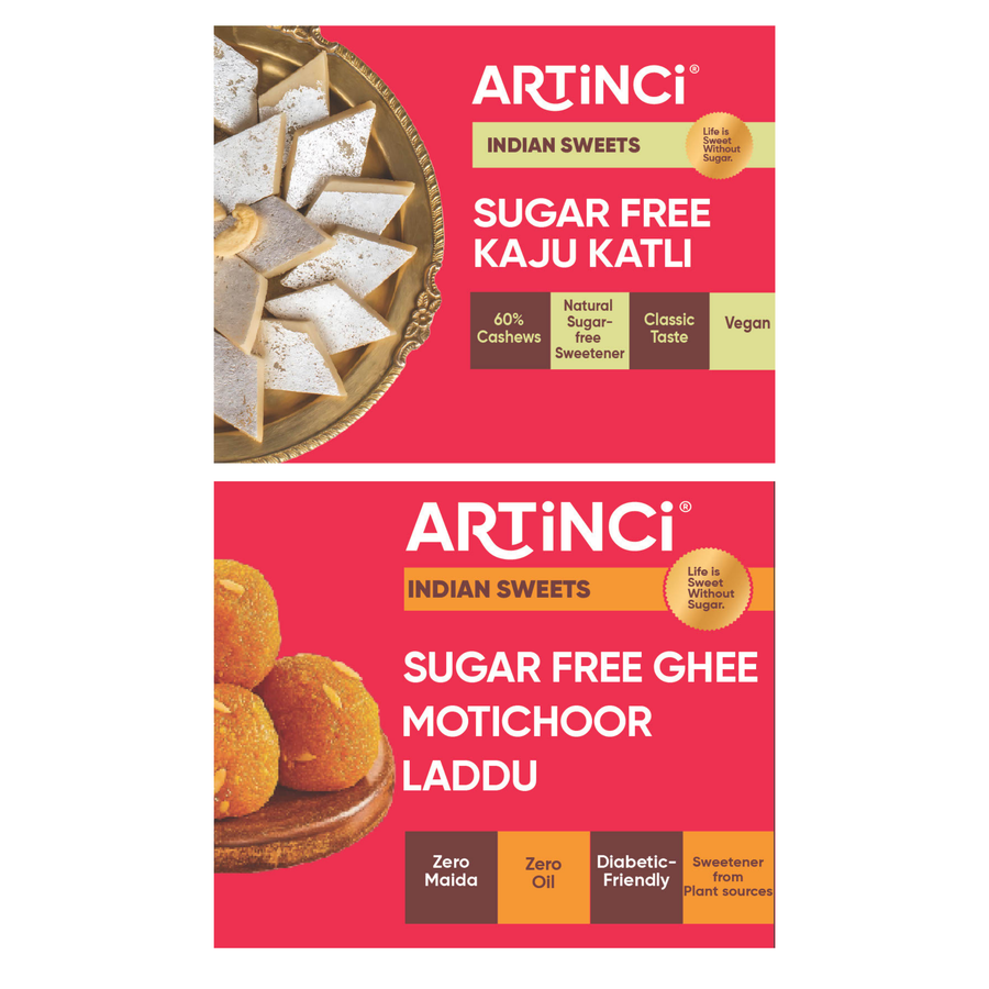 sugar free kaju katli & motichoor laddu combo, haldiram, misstevia, magic leaf