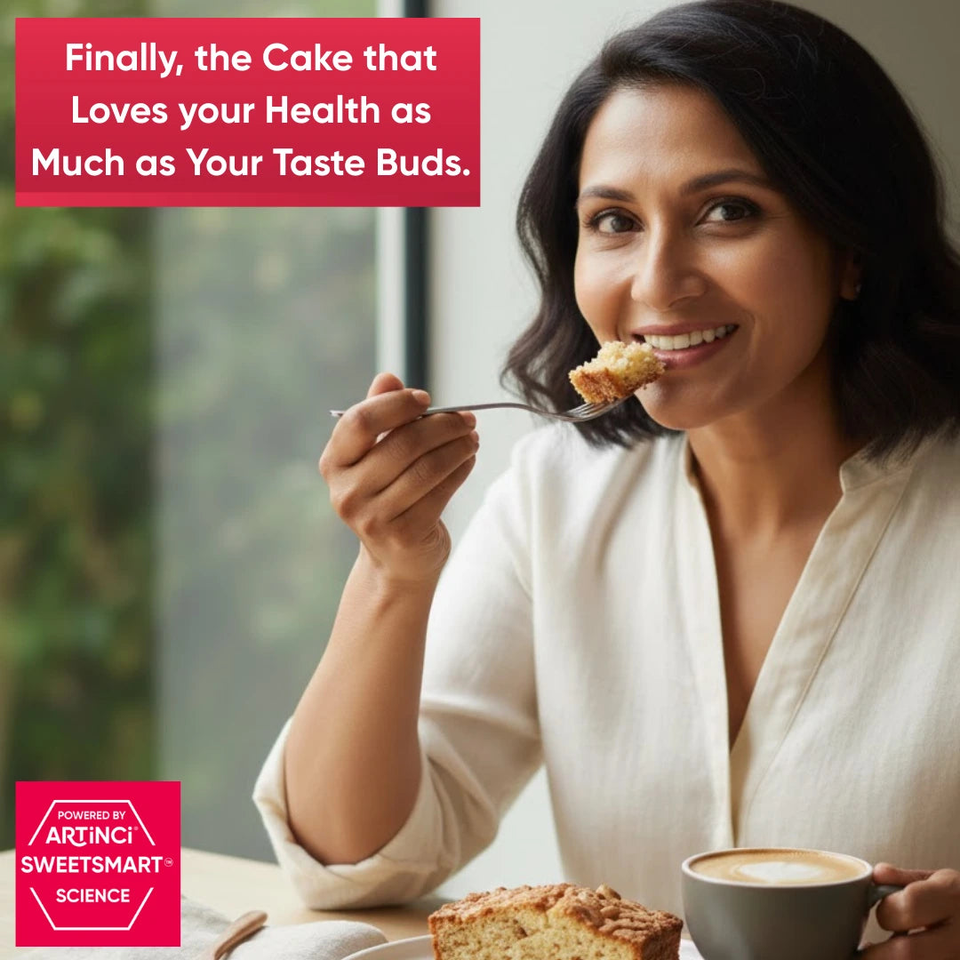 Woman eating cake with a fork, smiling, with text about a cake loving health as much as taste buds, Artinci SweetSmart Science branding.