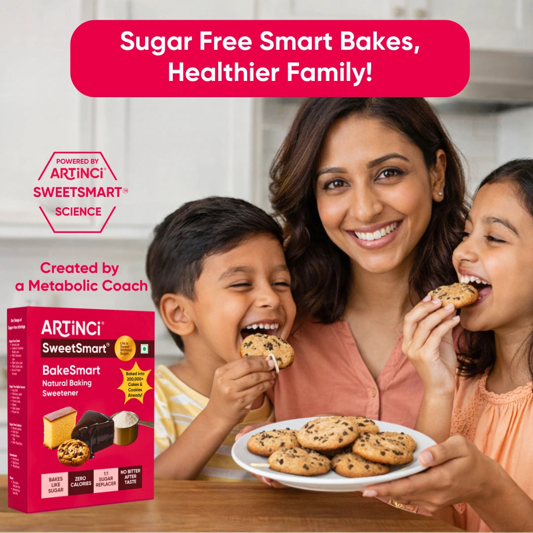 Woman and children enjoying cookies with a box of Artinci SweetSmart BakeSmart in the foreground.