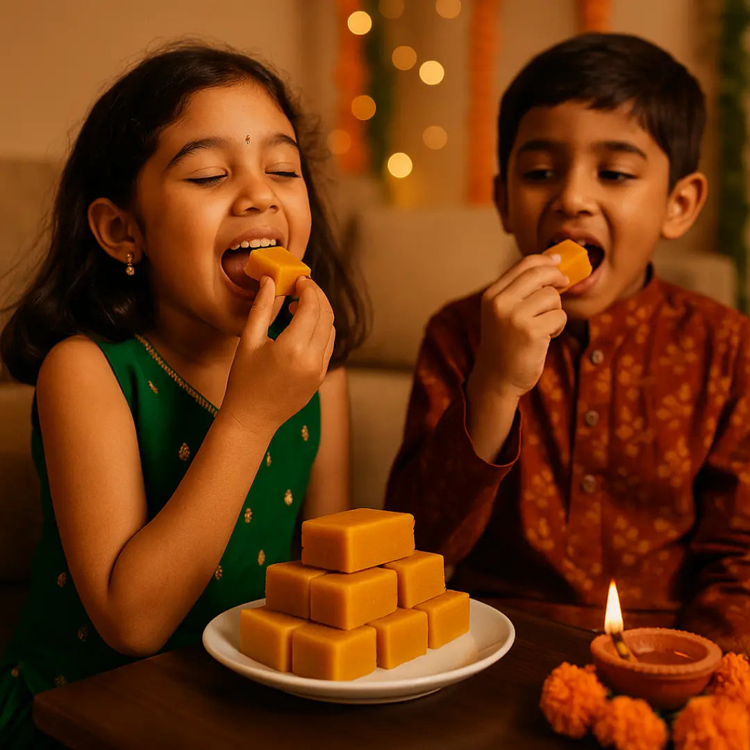 children enjoying sugar free mysore pak