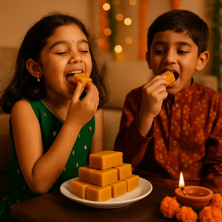 children enjoying sugar free mysore pak
