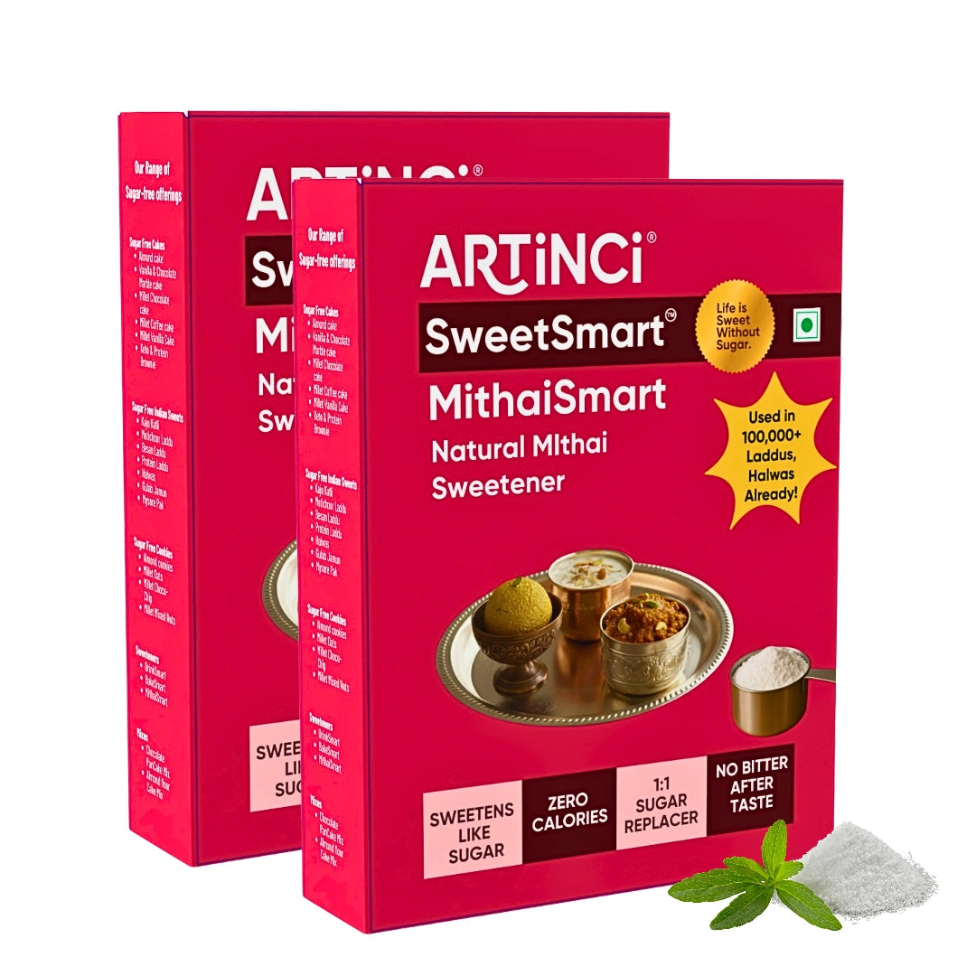 Two boxes of Artinci SweetSmart MithaiSmart natural mithai sweetener on a white background.
