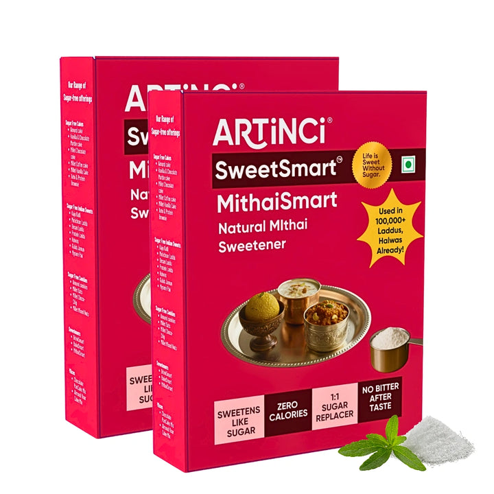 Two boxes of Artinci SweetSmart MithaiSmart natural mithai sweetener on a white background.