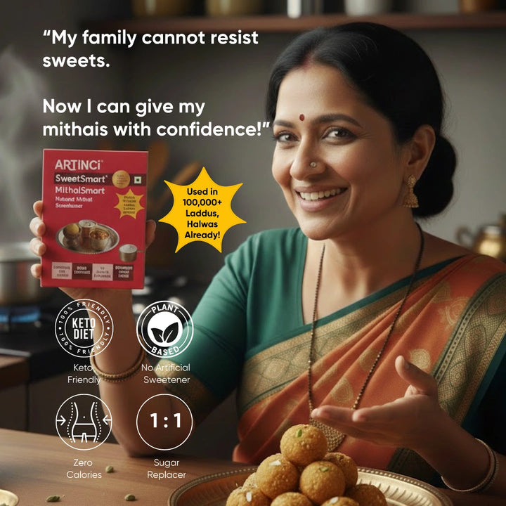 Woman holding a box of Artinci SweetSmart with text about confidence in giving sweets.