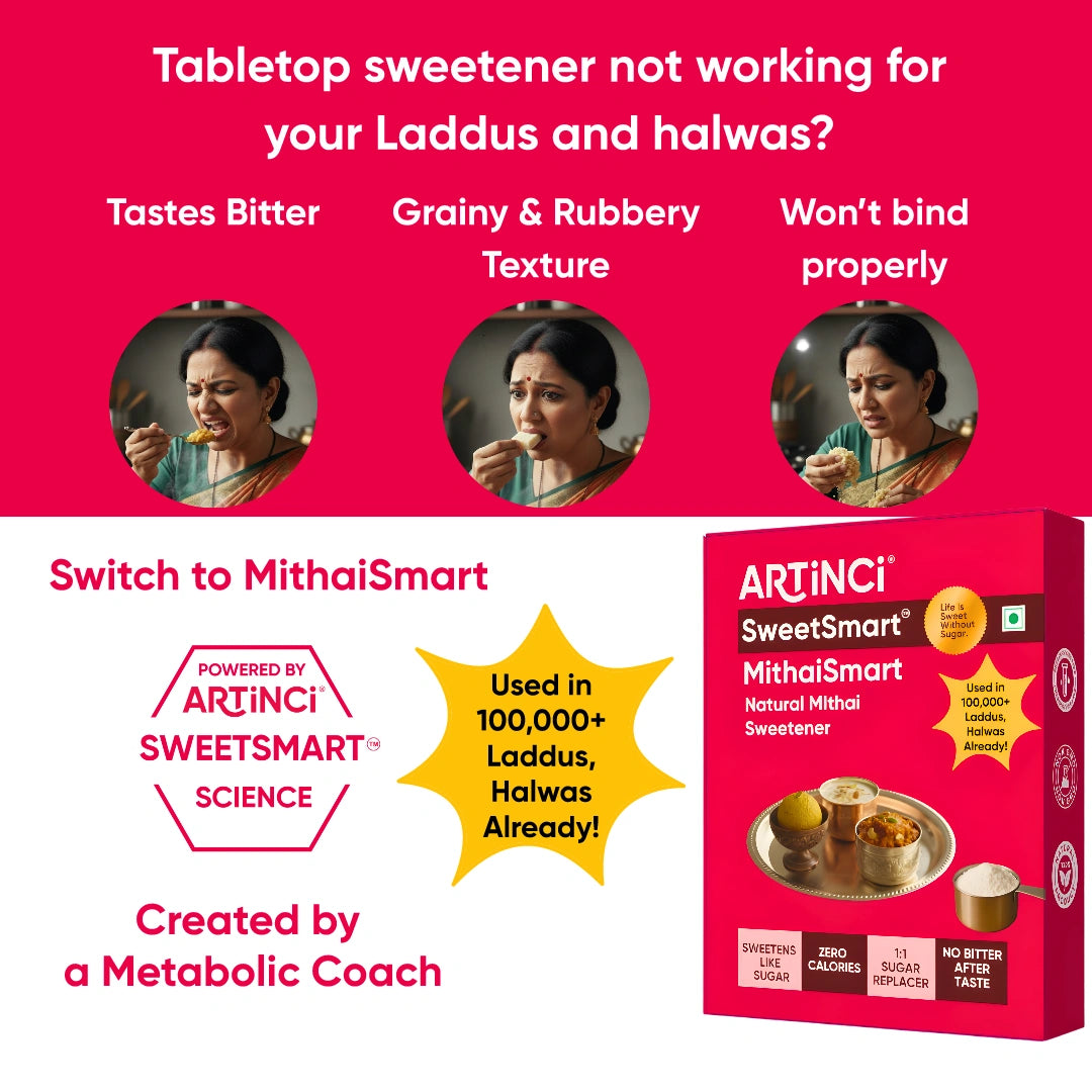 Advertisement for Artinci SweetSmart MithaiSmart sweetener on a red background with text and images of people eating laddus and halwas.