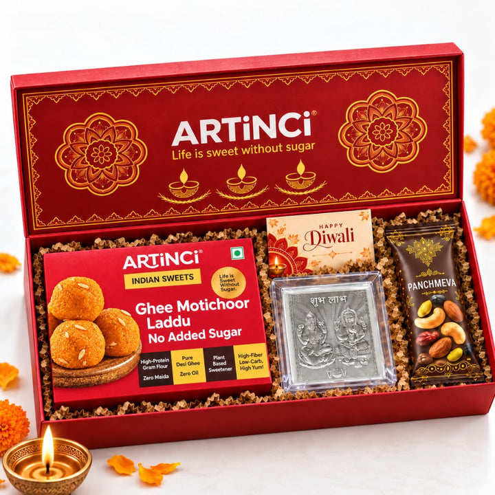 Sugar Free Diwali Gift Box with 999 Silver Plated Laxmi Ganesh Frame, Panchmeva & Greeting Card