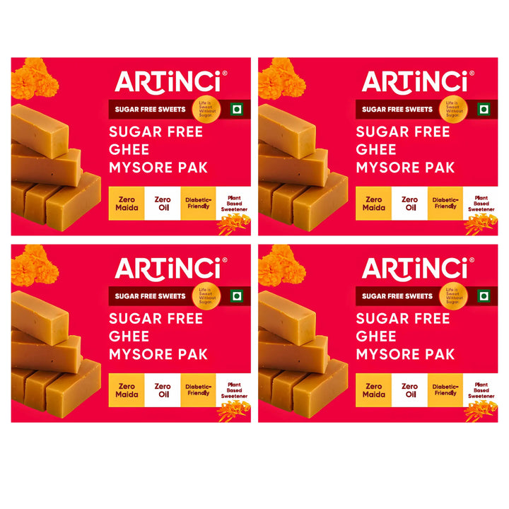 Four packages of Artinci sugar-free Ghee Mysore Pak on a white background