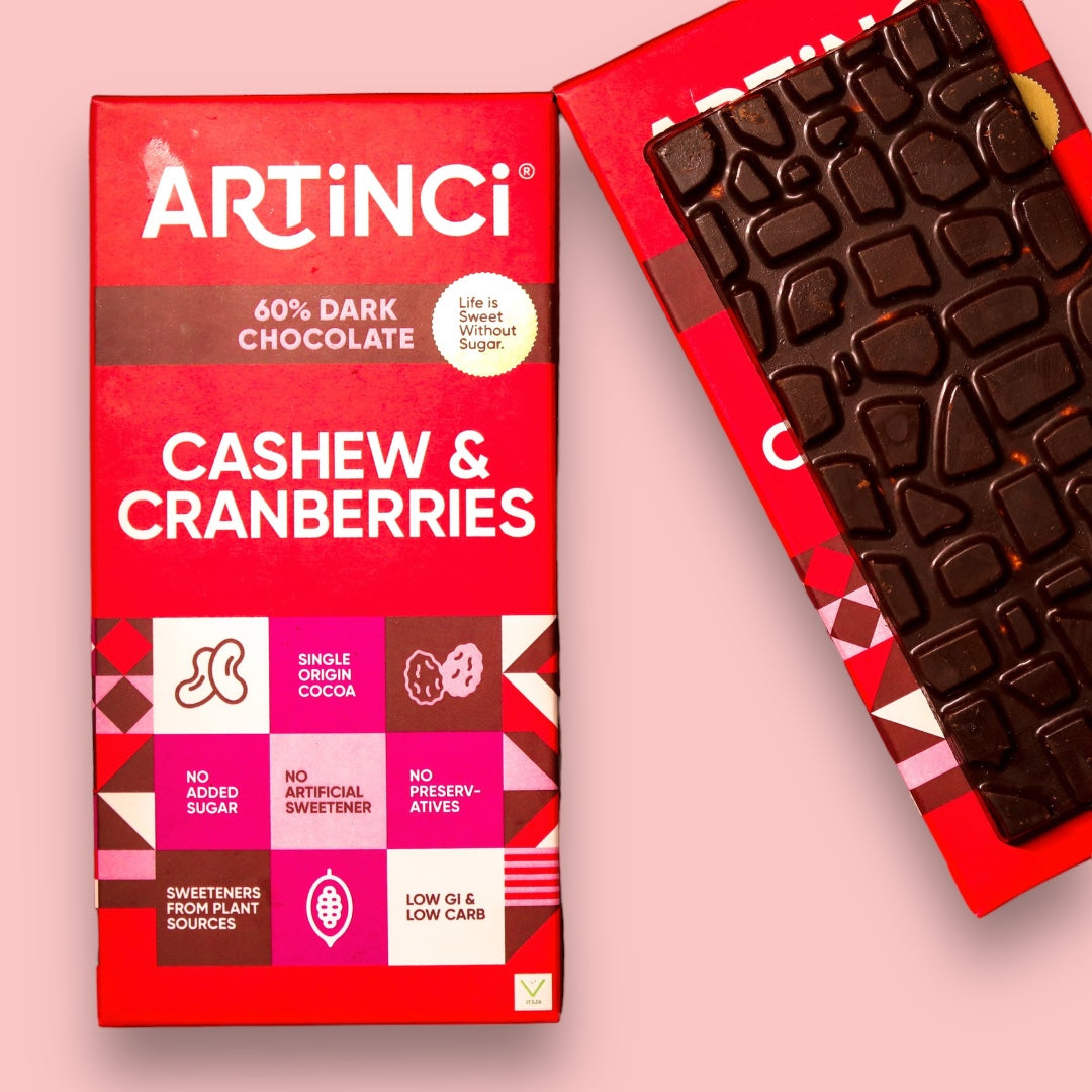 sugarless cashew and cranberries chocolate bar