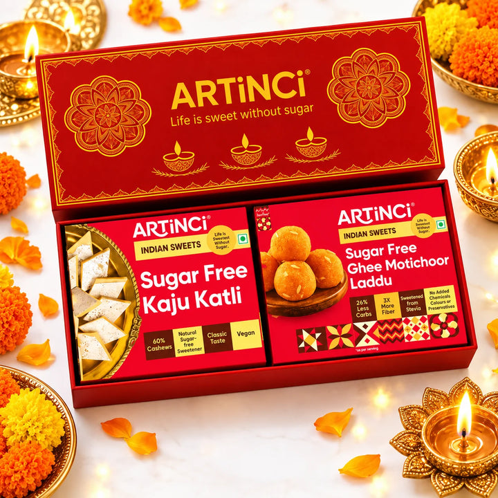 Sugar Free Diwali Sweets Gift Box – Mithai Duo with Kaju Katli, Motichoor or Besan Laddu