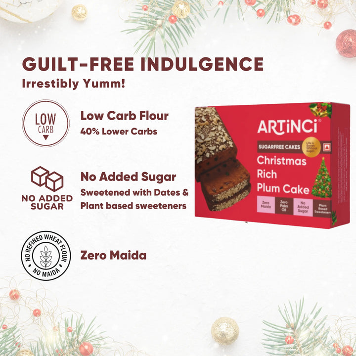 Artjinci Christmas Rich Plum Cake packaging with festive decorations on a white background