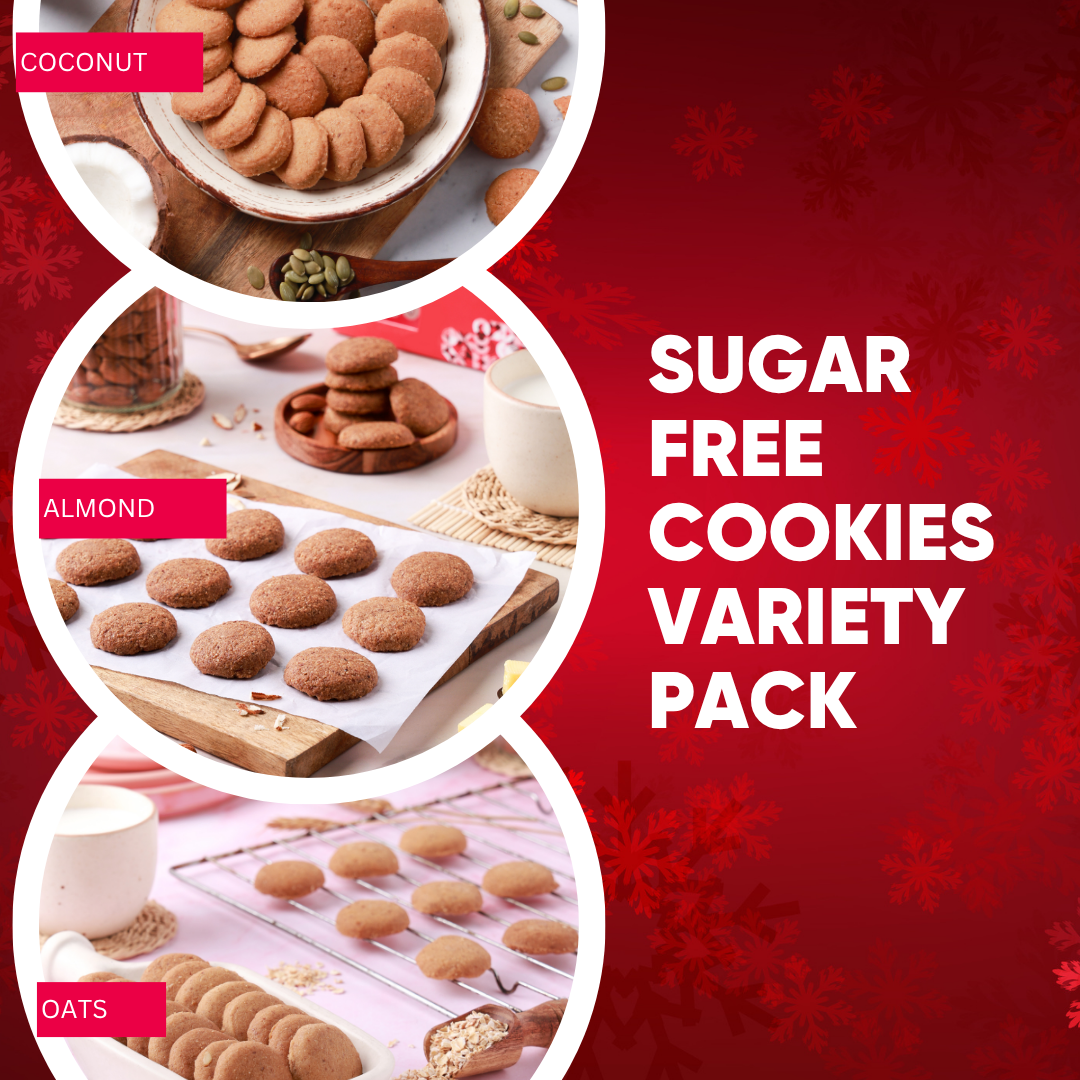 Sugar free cookies variety pack with coconut, almond, and oats flavors on a red background.