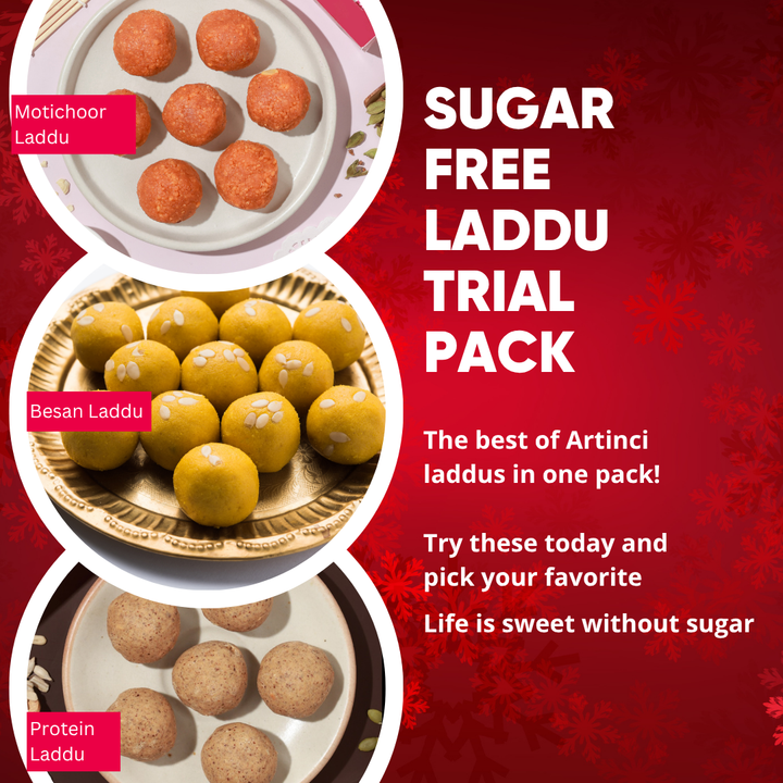 Advertisement for a sugar-free laddu trial pack with images of different types of laddus on a red background.