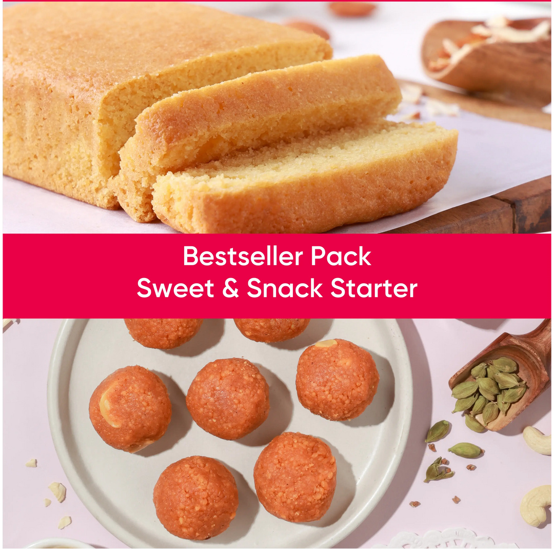 Sweet & Cake Starter Box | Motichoor Ladoo + Almond Cake (contains egg) - 2 Each, Total 4 packs