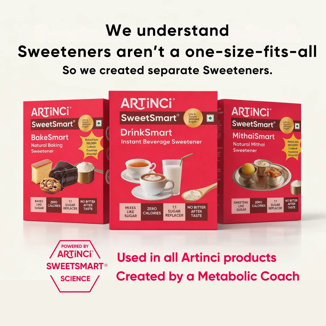 Three Artinci SweetSmart product boxes on a white background with promotional text.