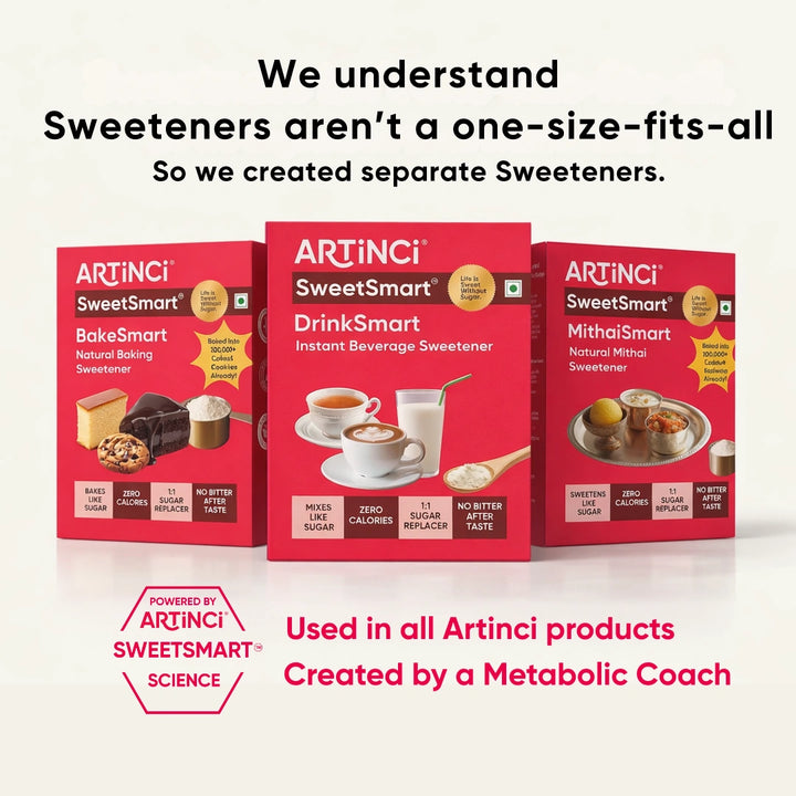 Three Artinci SweetSmart product boxes on a white background with promotional text.
