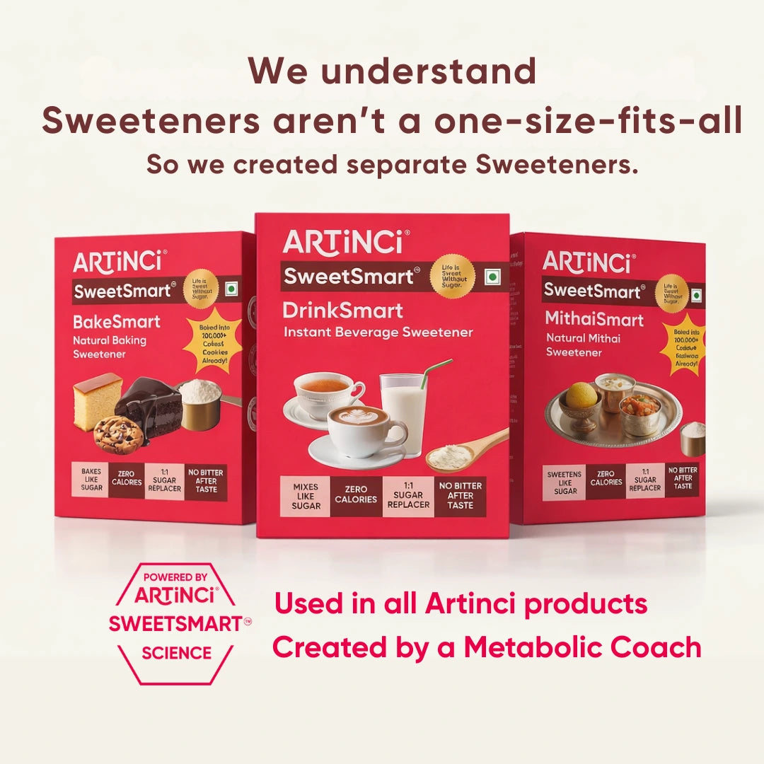 Three Artinci SweetSmart product boxes on a white background with promotional text.