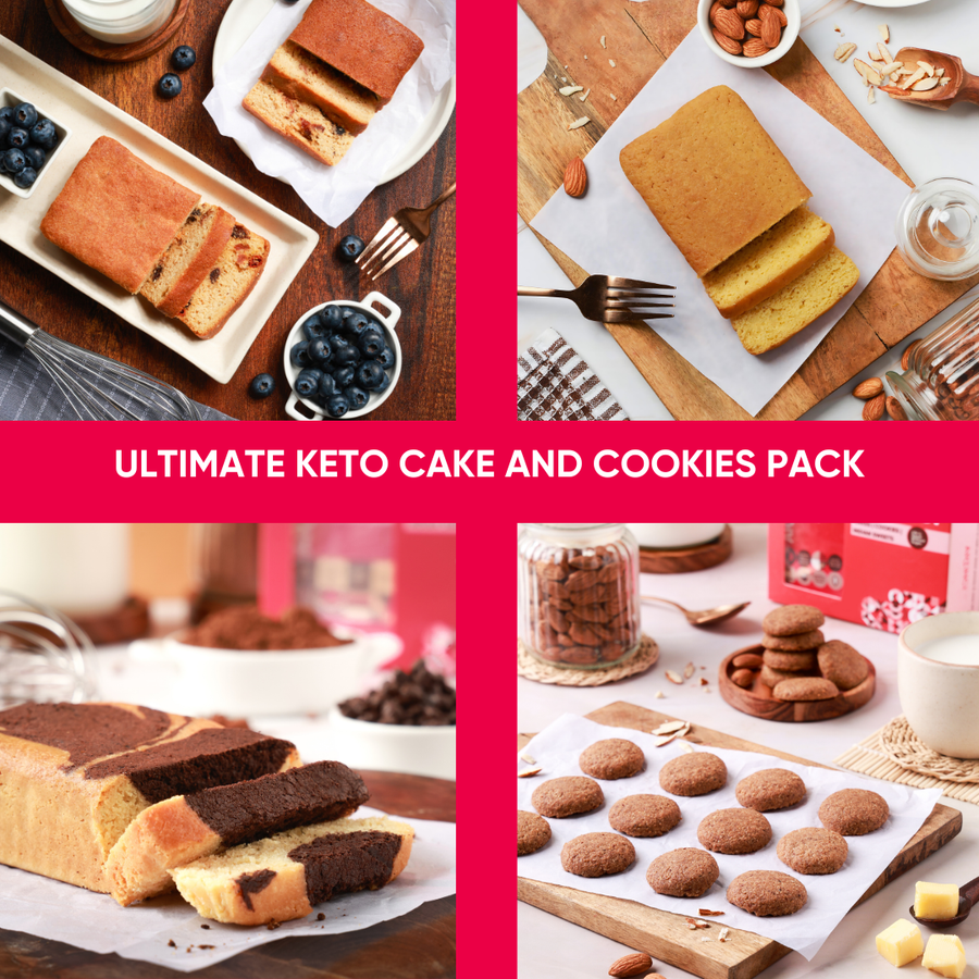 Collage of keto cake and cookies with a pink banner displaying 'Ultimate Keto Cake and Cookies Pack'.