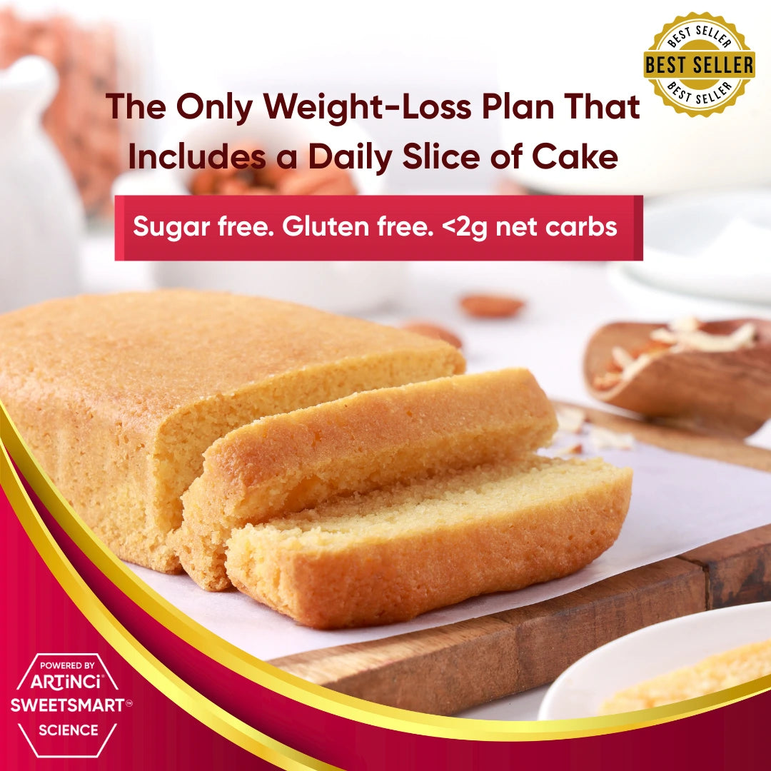 Slices of cake on a cutting board with promotional text about a weight-loss plan and product features.