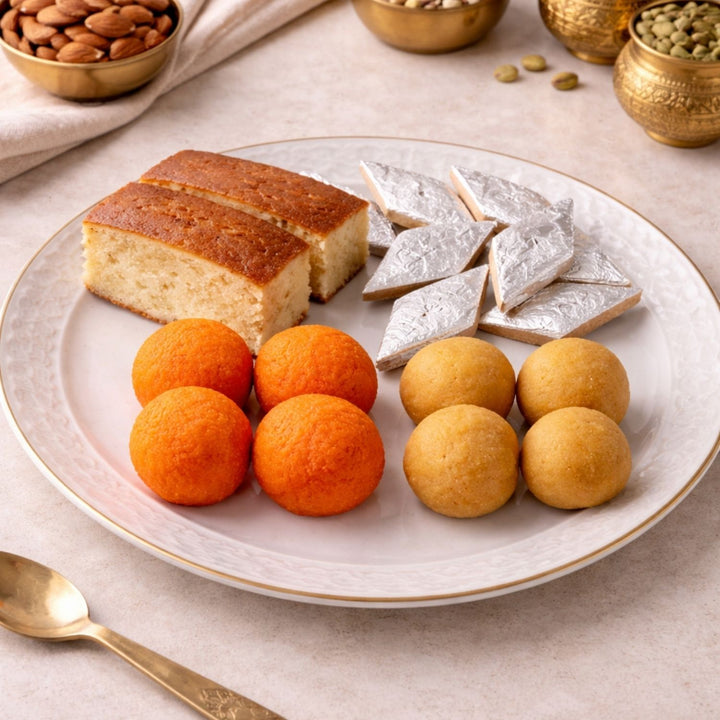 Assorted sweets including cake slices, cookies, and round pastries on a plate with a spoon and bowls in the background.