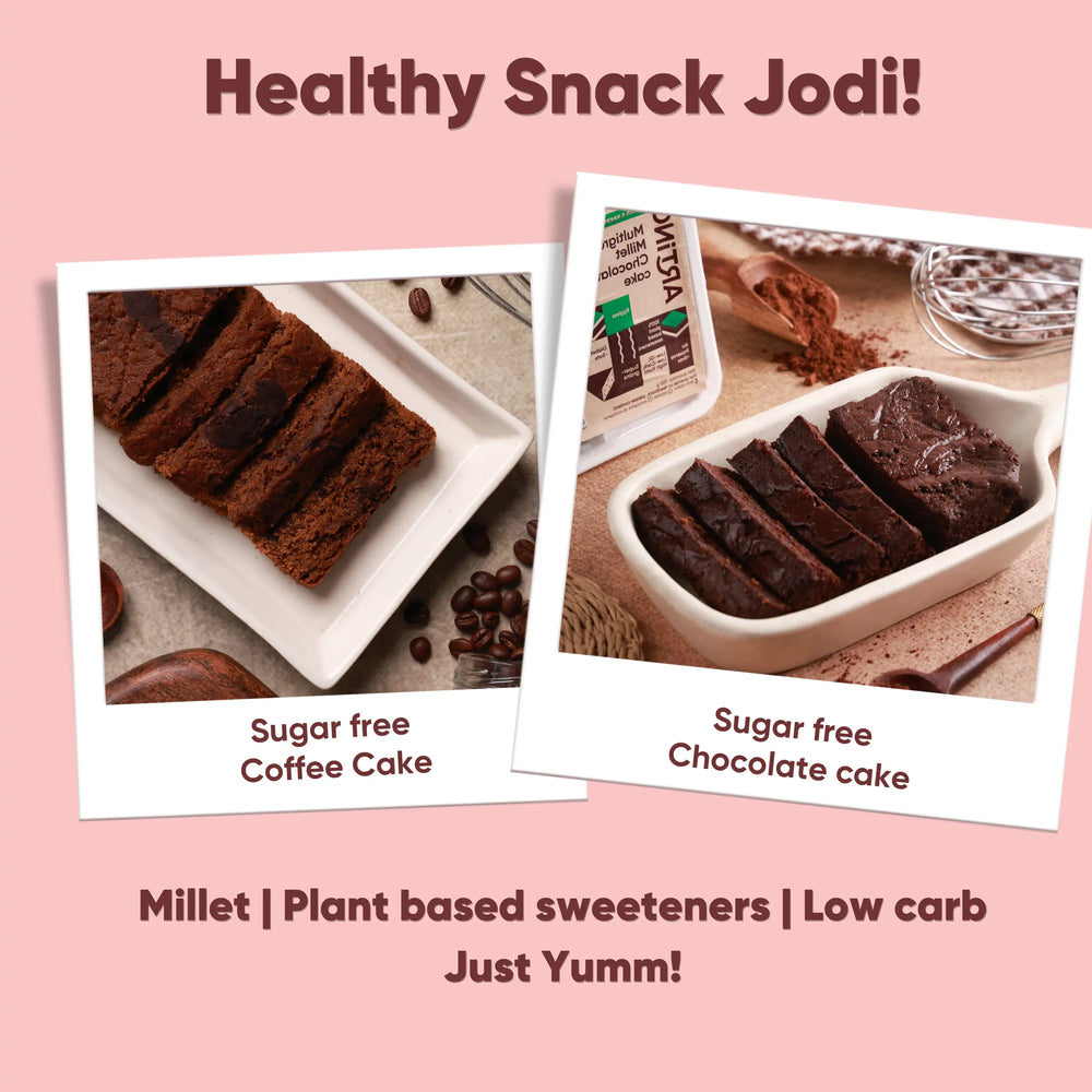 Two images of sugar-free coffee cake and chocolate cake with text on a pink background.