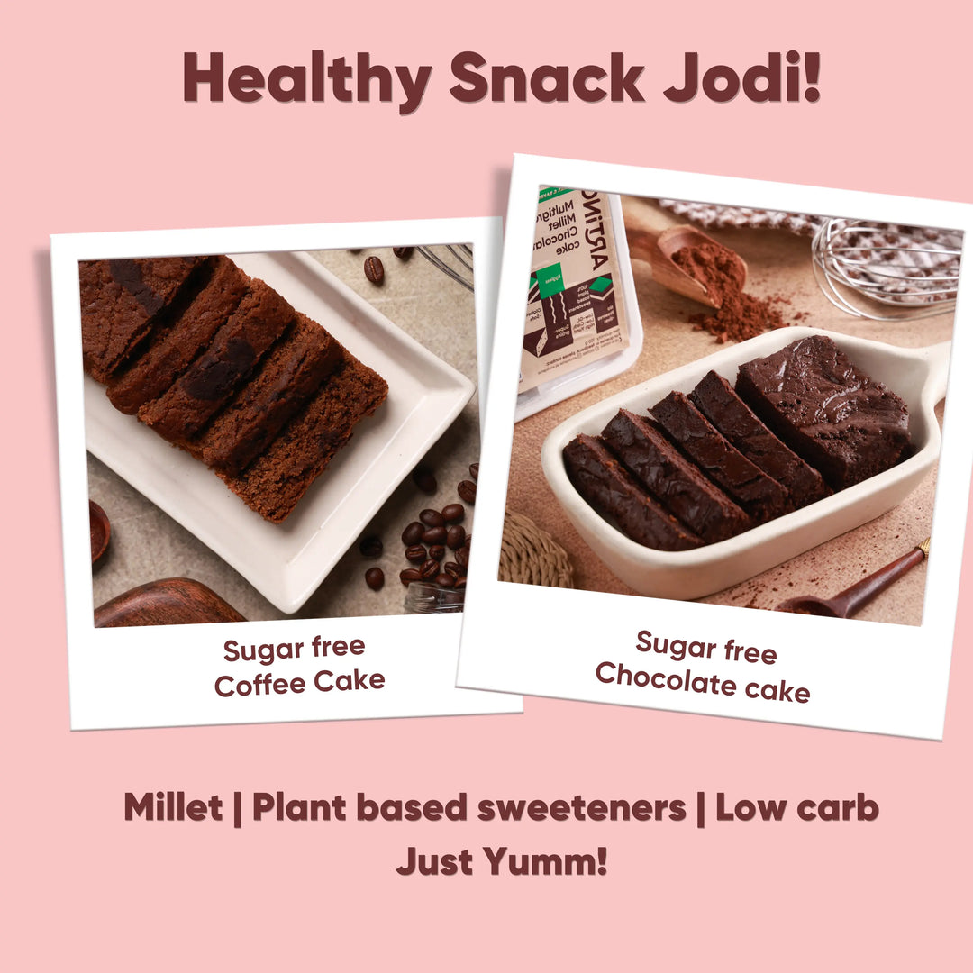 Two images of sugar-free coffee cake and chocolate cake with text on a pink background.