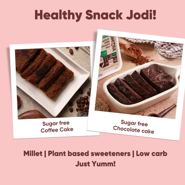 Two images of sugar-free coffee cake and chocolate cake with text on a pink background.