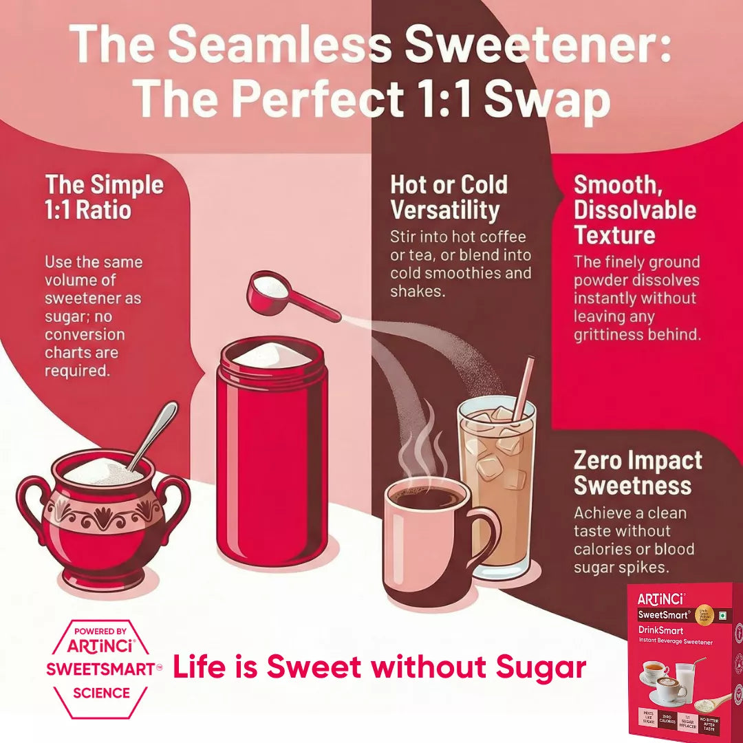 Advertisement for a sweetener product with text and illustrations of a jar, cup, and package.