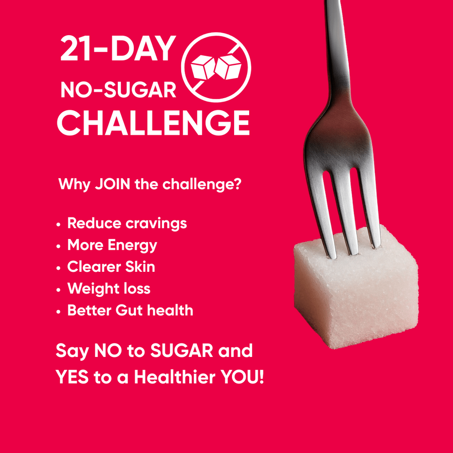 Promotional graphic for a 21-day no-sugar challenge on a bright pink background, with white text, a crossed-out sugar cube icon, a silver fork piercing a sugar cube, and the ARTiNCi Initiative logo.